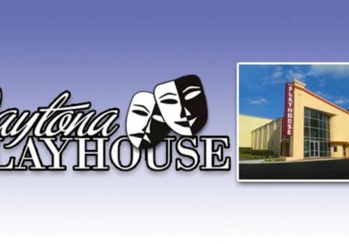 &ldquo;Daytona Playhouse&rdquo; logo with comedy/tragedy masks plus a photo of a building marked &ldquo;PLAYHOUSE.&rdquo;
