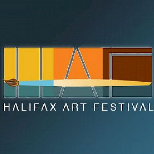 The image shows a logo for the Halifax Art Festival, featuring abstract shapes and vibrant colors, with text reading 