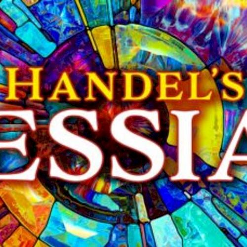 The image features the text "Handel's Messiah" over a colorful, abstract background resembling stained glass.