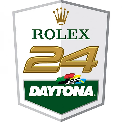 This image shows the logo for the "Rolex 24 at Daytona," featuring a crown, the number 24, and colorful flags above the word Daytona.