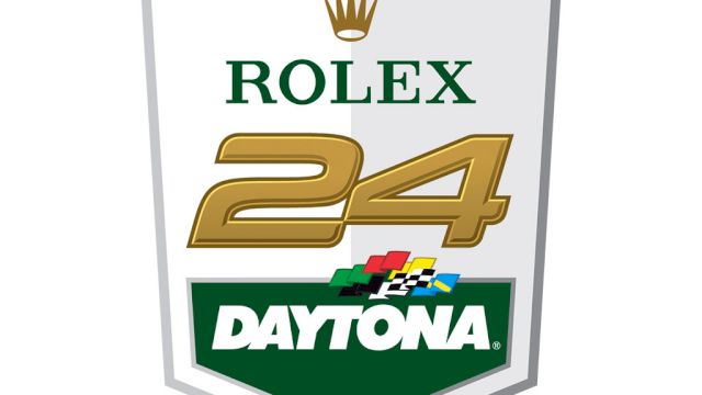 This image shows the logo for the "Rolex 24 at Daytona," featuring a crown, the number 24, and colorful flags above the word Daytona.