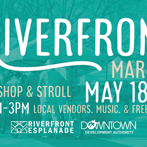Riverfront Market event on May 18th, 10AM-3PM, featuring local vendors, music, and free yoga. Hosted by Riverfront Esplanade.