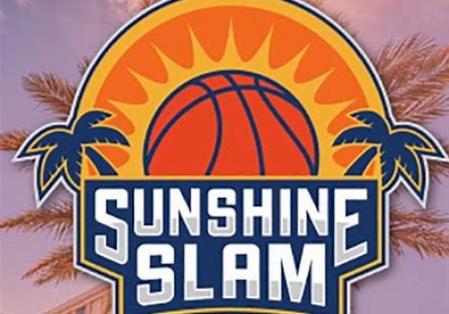 This image features a sports-themed logo with a basketball, palm trees, and the words 