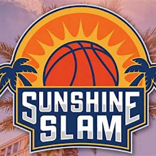 This image features a sports-themed logo with a basketball, palm trees, and the words 