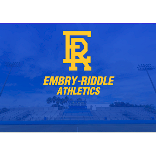 The image shows the Embry-Riddle Athletics logo on a blue background with a sports field in the distance.