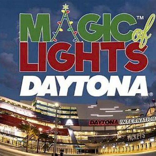 The image shows a promotional graphic for "Magic of Lights Daytona" with a nighttime view of Daytona International Speedway in the background.