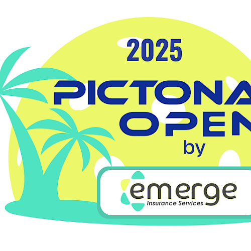 Logo for "2025 Pictona Open by Emerge Insurance Services" featuring palm trees with a sun-like background.