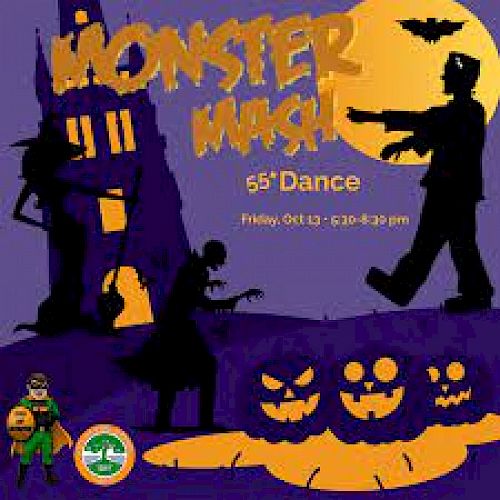 Colorful illustration for a "Monster Mash 55+ Dance" event on Friday, Oct 13, from 6:30-8:30 pm. Features haunted house, dancing monster, pumpkins.