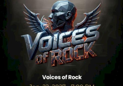 A sci‑fi rock poster with a geometric robot face and wings reading &ldquo;VOICES OF ROCK&rdquo;.