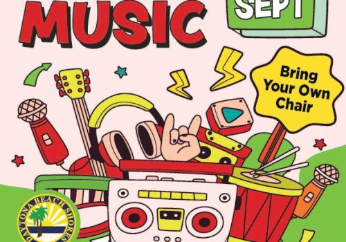 The image is a colorful music-themed poster with instruments, headphones, and a "Bring Your Own Chair" text bubble.