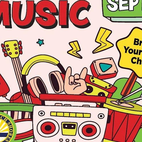 The image is a colorful music-themed poster with instruments, headphones, and a "Bring Your Own Chair" text bubble.