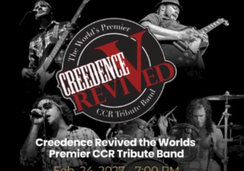 A promotional poster for &ldquo;Creedence Revived,&rdquo; the World&rsquo;s Premier CCR Tribute Band, showing musicians with guitars, drums, and a badge.