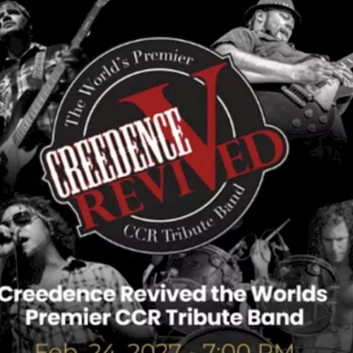 A promotional poster for &ldquo;Creedence Revived,&rdquo; the World&rsquo;s Premier CCR Tribute Band, showing musicians with guitars, drums, and a badge.