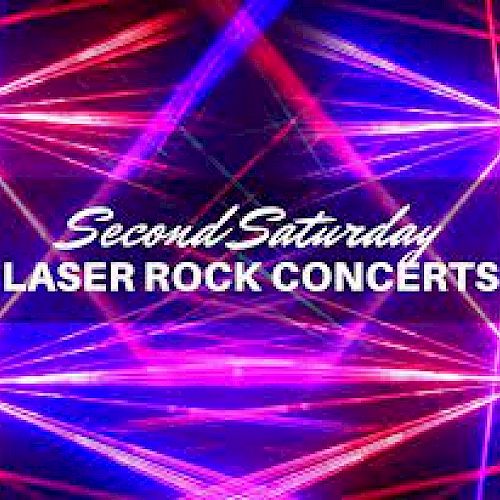 The image promotes "Second Saturday Laser Rock Concerts" with a vibrant background of colorful laser lights creating geometric patterns.