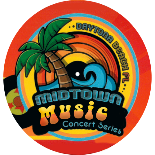 Illustrated logo for "Midtown Music Concert Series" featuring palm trees and ocean waves with "Daytona Beach FL" text.