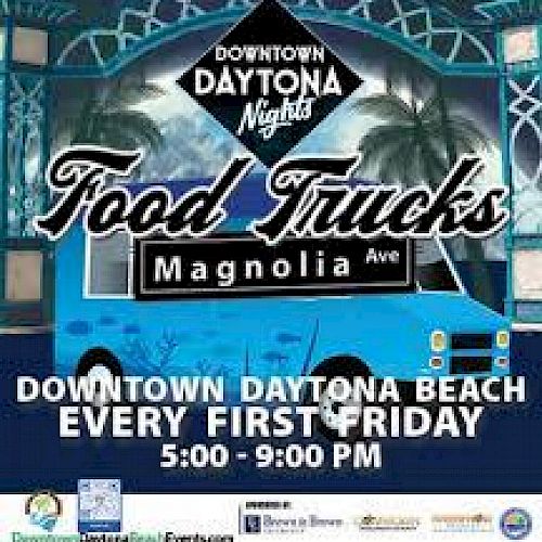 The image advertises "Downtown Daytona Nights Food Trucks" on Magnolia Ave, happening every first Friday from 5:00 to 9:00 PM in downtown Daytona Beach.