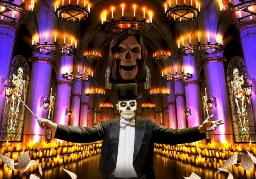 A skeleton conductor stands in a grand, candle-lit hall, with skeleton decorations and floating sheets of music around, creating an eerie scene.