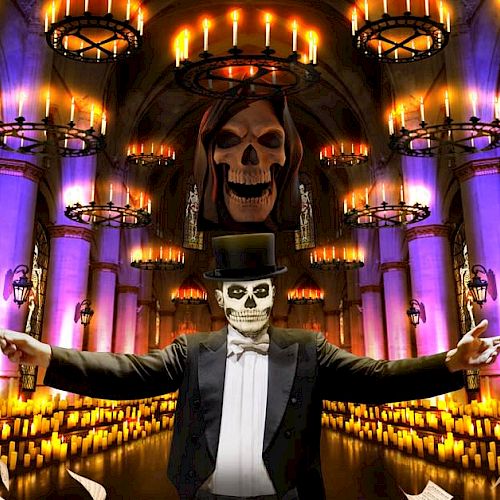 A skeleton conductor stands in a grand, candle-lit hall, with skeleton decorations and floating sheets of music around, creating an eerie scene.