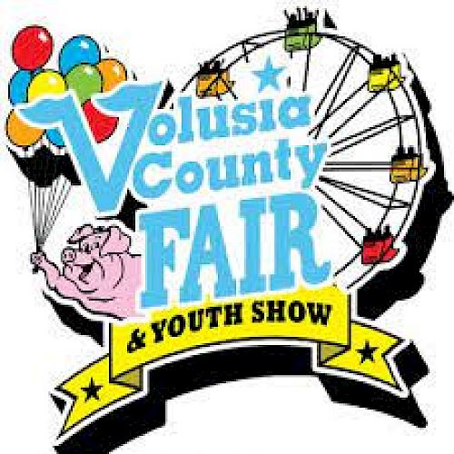 The image is a logo for the Volusia County Fair & Youth Show, featuring a pig with balloons and a Ferris wheel in the background.