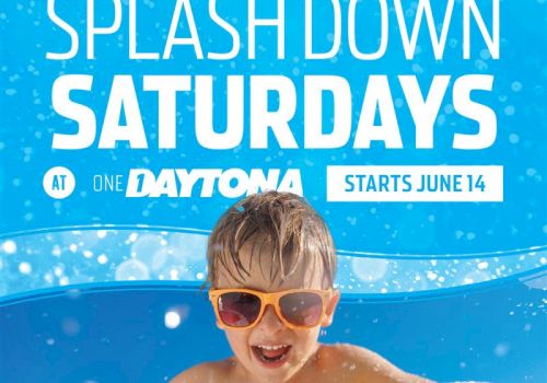 Image promoting "Splash Down Saturdays" at One Daytona, starting June 14, from 3-6 PM, featuring a child in sunglasses with beach balls.