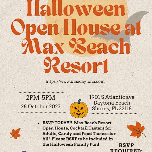 A Halloween invitation for an open house at Max Beach Resort, 2PM-5PM, 28 October 2023. RSVP required. Event features treats, activities, and family fun.