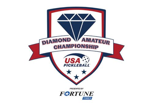 The image shows the Diamond Amateur Championship logo by USA Pickleball, presented by Fortune Tires, featuring a diamond in the center.