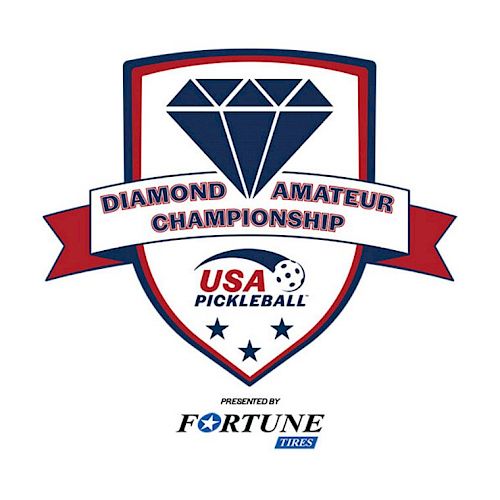 The image shows the Diamond Amateur Championship logo by USA Pickleball, presented by Fortune Tires, featuring a diamond in the center.