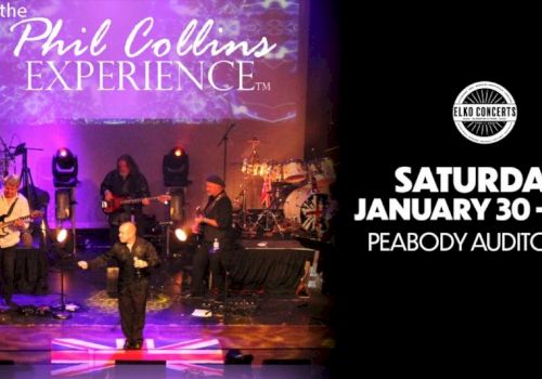 A live band performs onstage in purple lights with a &ldquo;Phil Collins Experience&rdquo; banner and a Jan 30 ad for Peabody Auditorium.