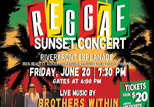 Reggae Sunset Concert flyer with details on the event, including date, time, and location, featuring live music by Brothers Within.