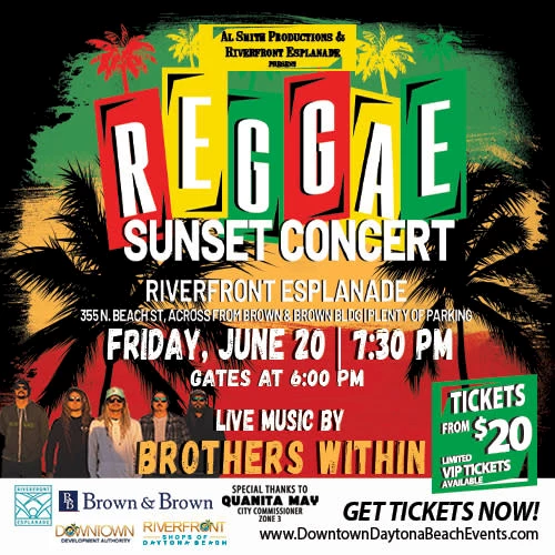 Reggae Sunset Concert flyer with details on the event, including date, time, and location, featuring live music by Brothers Within.