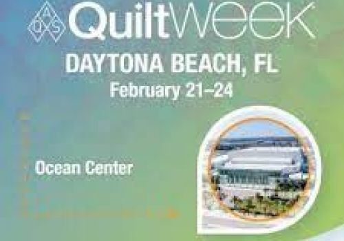 The image is an advertisement for QuiltWeek 2024 in Daytona Beach, FL, occurring from February 21-24 at the Ocean Center.