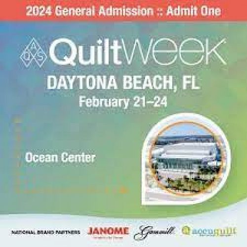 The image is an advertisement for QuiltWeek 2024 in Daytona Beach, FL, occurring from February 21-24 at the Ocean Center.