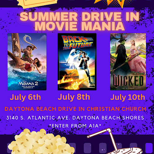 The image advertises a summer drive-in movie event in Daytona Beach from July 6th to 10th, featuring three films and free entry.