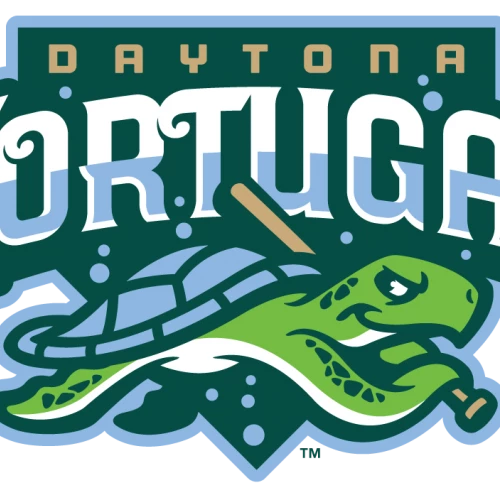 The image is a logo for the "Daytona Tortugas" featuring a turtle with a baseball bat, adorned with an aquatic theme and stylized lettering.
