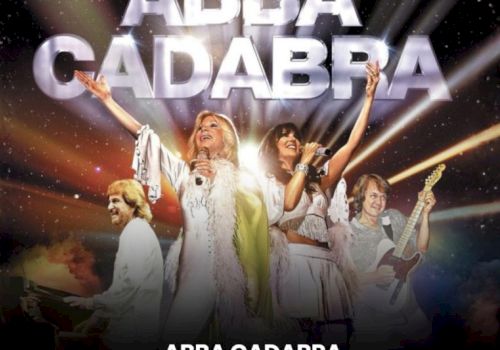 An ABBA tribute poster titled &ldquo;ABBA GADABRA&rdquo; showing the band members singing and holding instruments under stage lights.