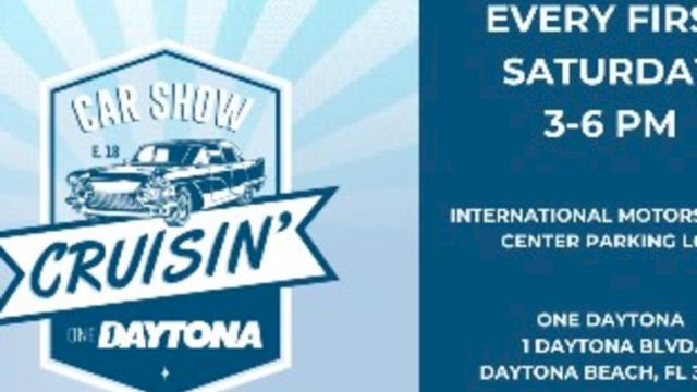 Car show flyer for "Cruisin' One Daytona" happening every first Saturday, 3-6 PM, at Daytona Beach, FL.