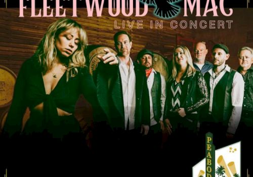 A &ldquo;FEET WOOD MAC&rdquo; live concert poster showing a lineup of musicians standing against a brick wall, with a &ldquo;PEABODY&rdquo; logo.