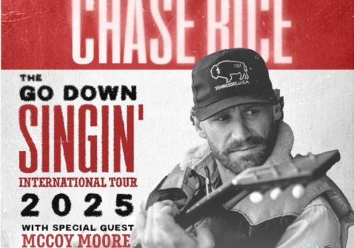 A promotional poster for Chase Rice's "Go Down Singin' International Tour 2025" featuring McCoy Moore.