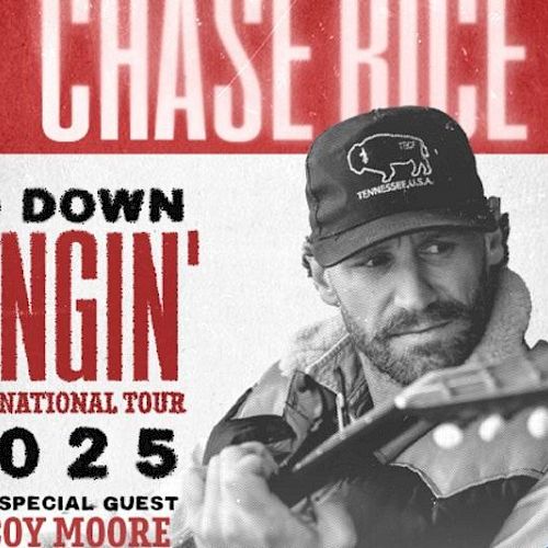 A promotional poster for Chase Rice's "Go Down Singin' International Tour 2025" featuring McCoy Moore.