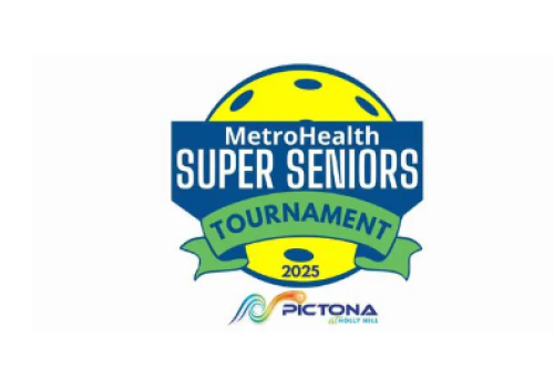 Logo for the MetroHealth Super Seniors Tournament 2025, featuring a yellow pickleball and "Pictona at Holly Hill" branding.