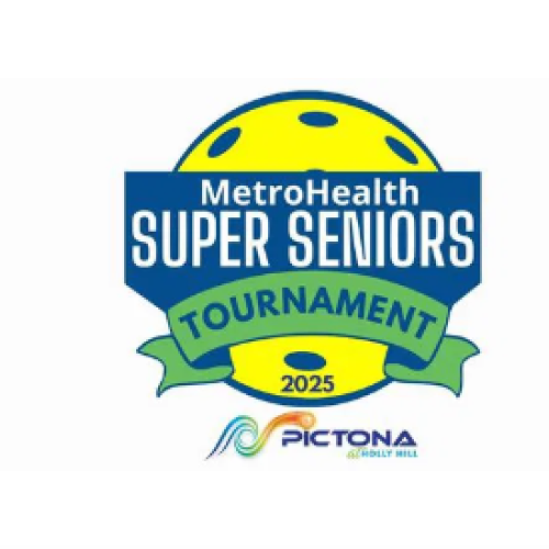 Logo for the MetroHealth Super Seniors Tournament 2025, featuring a yellow pickleball and "Pictona at Holly Hill" branding.
