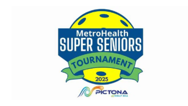 Logo for the MetroHealth Super Seniors Tournament 2025, featuring a yellow pickleball and "Pictona at Holly Hill" branding.