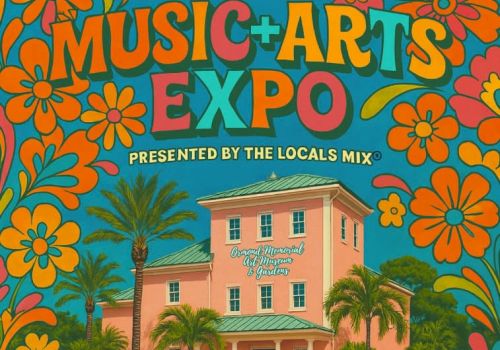 Colorful poster for "2025 Music + Arts Expo," presented by The Locals Mix, featuring a vibrant floral design and a pink building.