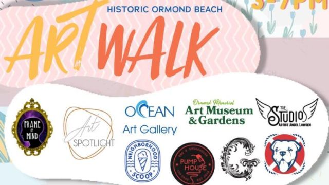 Promotional image for "Art Walk" at Historic Ormond Beach featuring various logos, with event time 3-7 PM.