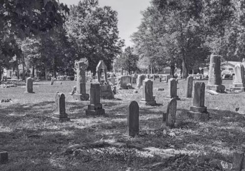 The image shows a black-and-white photograph of a cemetery with various tombstones scattered among grass and trees.