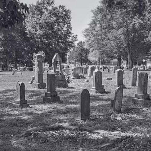 The image shows a black-and-white photograph of a cemetery with various tombstones scattered among grass and trees.