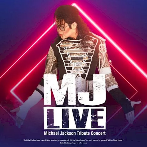 A poster for &ldquo;MU LIVE&rdquo; Michael Jackson Tribute Concert, featuring a breakdance pose against neon red and purple lights.