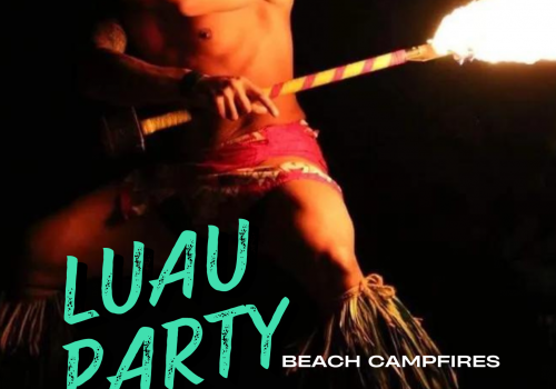 A Luau party poster featuring a performer with fire torches. Includes event details and a QR code for more information. Party starts at 6 PM.