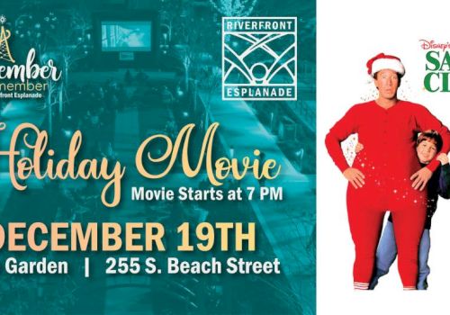 A holiday movie event featuring "Disney's The Santa Clause" on December 19th at Garden, 255 S. Beach Street, starting at 7 PM.