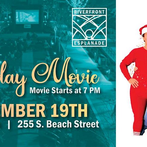 A holiday movie event featuring "Disney's The Santa Clause" on December 19th at Garden, 255 S. Beach Street, starting at 7 PM.